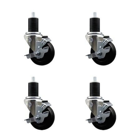 Service Caster 3.5'' SS Hard Rubber Swivel 1-3/4'' Expanding Stem Caster Set with Brake, 4PK SCC-SSEX20S3514-HRS-TLB-134-4
